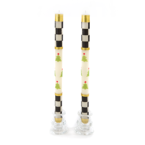 Christmas Tree Dinner Candles - Check Bands - Set Of 2
