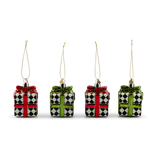 Red & Green Giftbox Glass Ornaments, Set Of 4