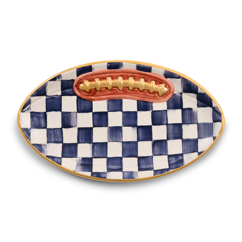 Indigo Check Ceramic Football Platter