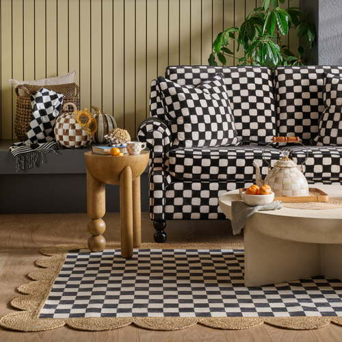 Black Check With Jute Scallops 2'6" X 7'11" Runner