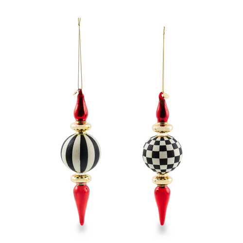Black & White Check Finial Glass Ornaments, Set Of 2