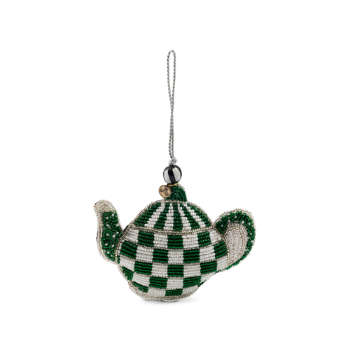 Emerald Check Teapot Beaded Ornament