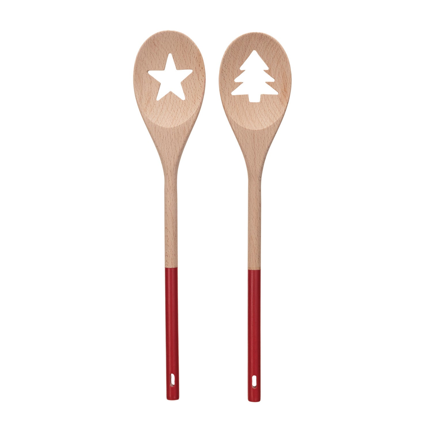 Acacia Wood Spoon w/ Tree/Star Cut-Out, Natural & Red, 2 Styles