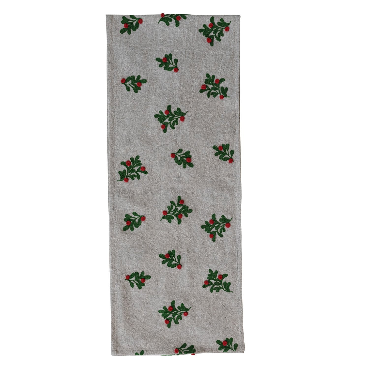 Table Runner with Embroidered Mistletoe Pattern & Pom Poms, Natural